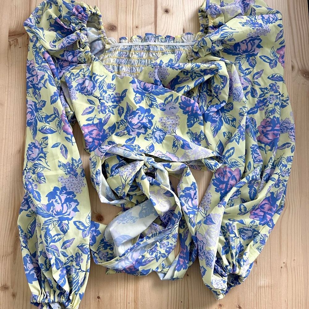 Purple yellow floral wrap top with puff sleeves and wraparound bodice medium